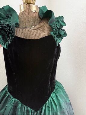 Gunne Sax Black Velvet Dress with Emerald Satin Ruffles